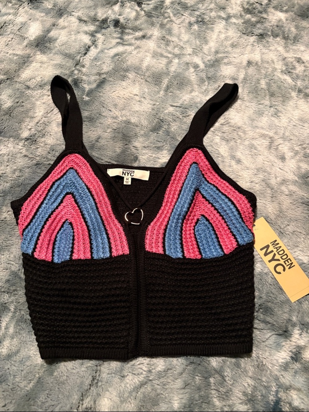 Madden NYC Black Crochet Tank Top with Pink & Blue Panels